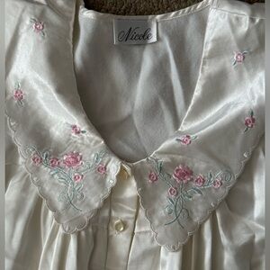 Vintage Nicole White Cream Floral Embroidered Satin Like Nightgown Pajamas PJ